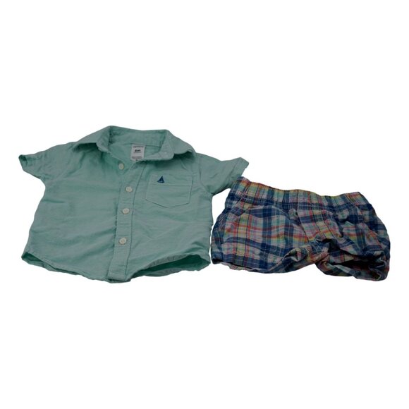 Carter's 2-Piece Teal/Mint Color Button-Front Shirt And Plaid Short Set, Size 6M - Picture 1 of 4